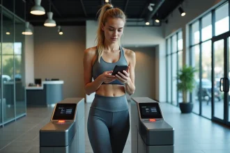 Femme scannant sa carte d'abonnement Basic-Fit à l'entrée d'une salle de sport moderne