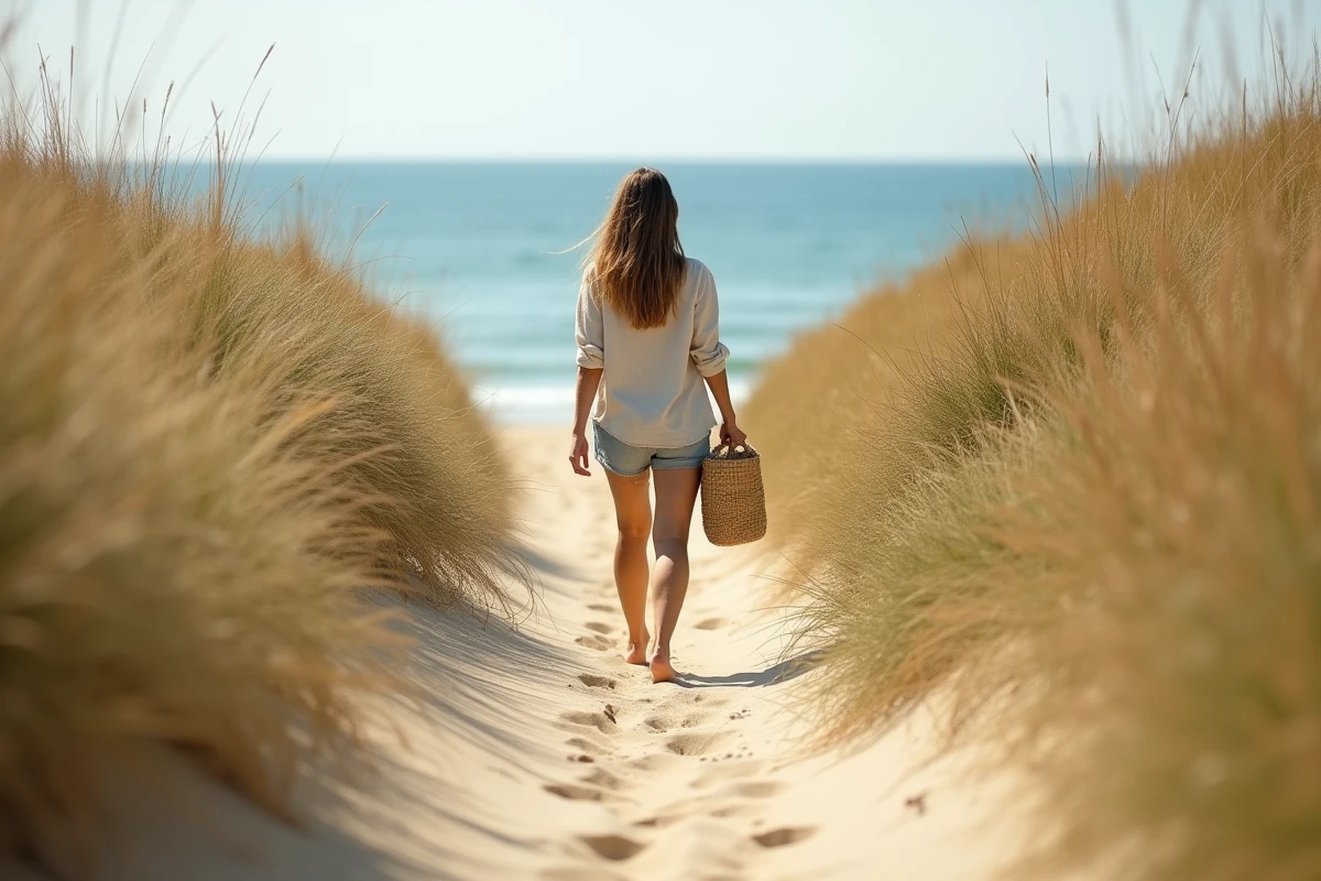 Chemin d'accès à un spot sauvage entre les dunes de Montalivet avec vue sur l'océan Atlantique