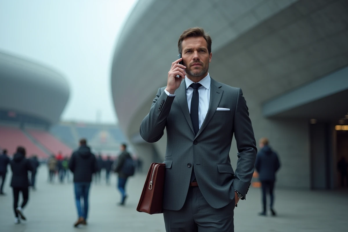 Agent de joueur négociant un transfert devant l'entrée d'un grand stade européen lors d'une période de mercato estival