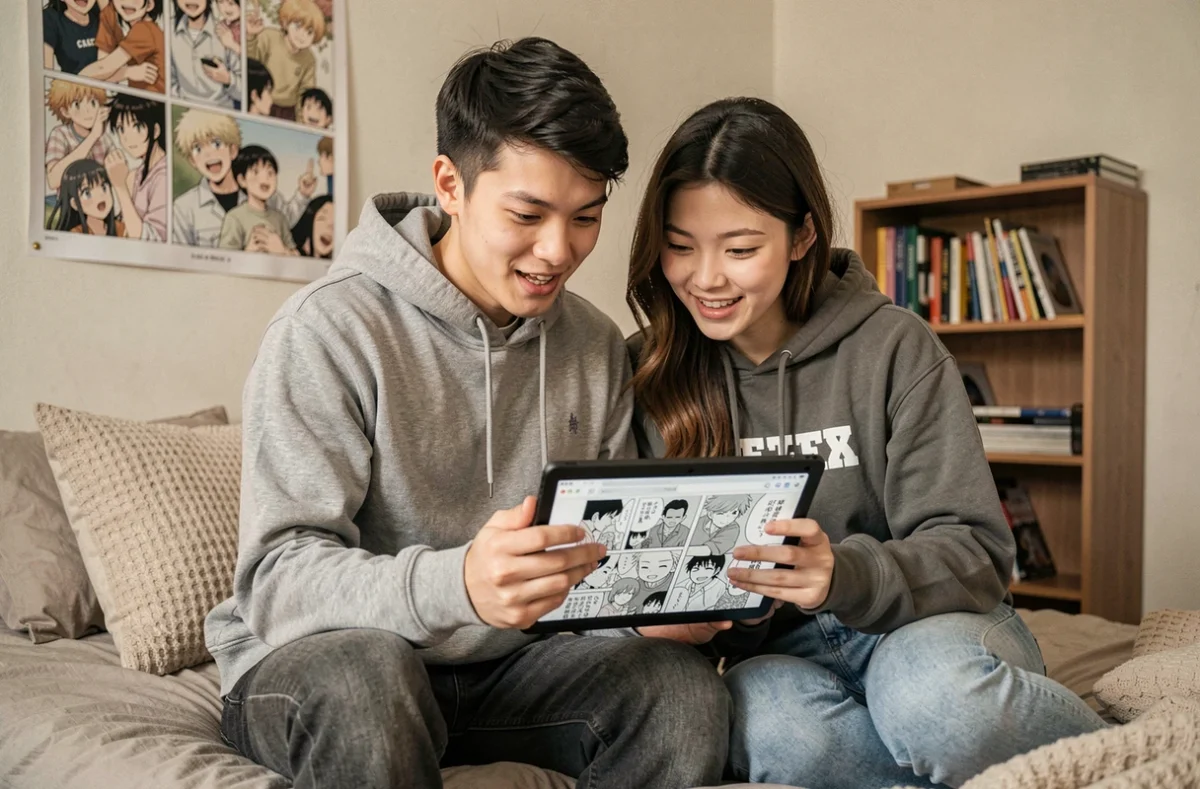 Deux amis partageant la lecture d'un scantrad Blue Lock sur tablette dans une chambre étudiante