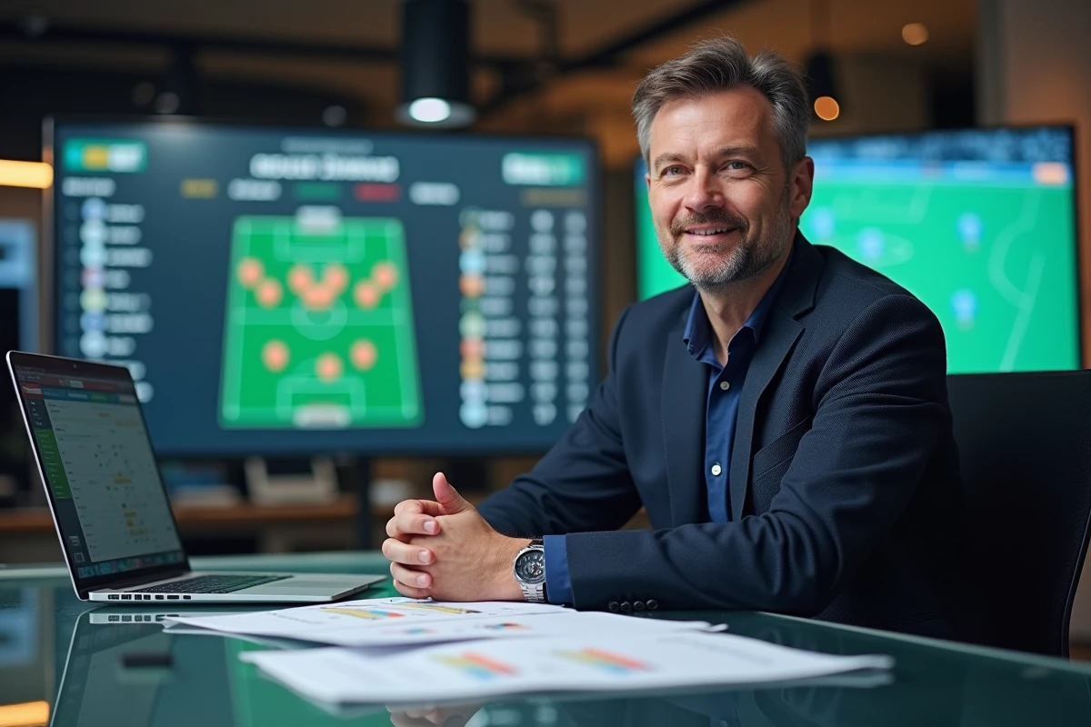 Analyste sportif étudiant les statistiques et tendances du FC Nantes sur ordinateur dans un studio de sport professionnel