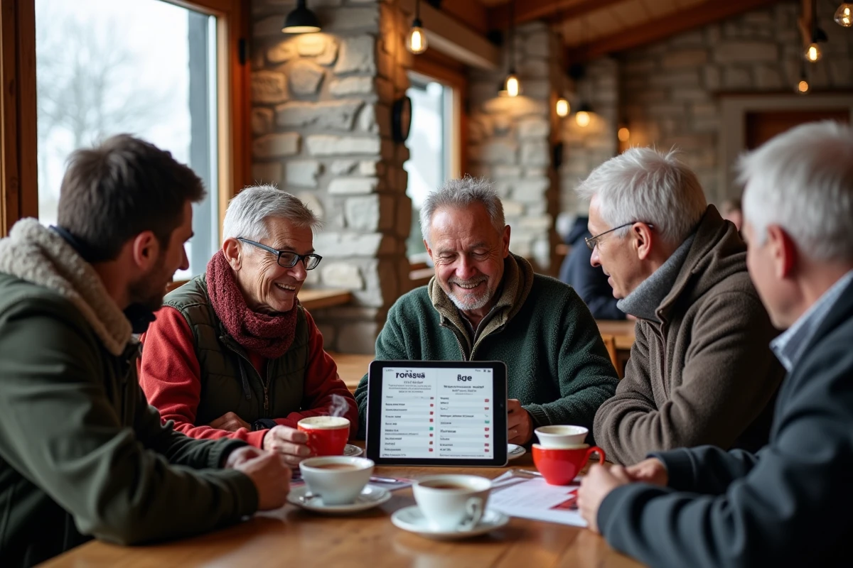 Deux générations de parents discutant des forfaits ski famille aux Deux Alpes autour d'une table dans un restaurant d'altitude chaleureux