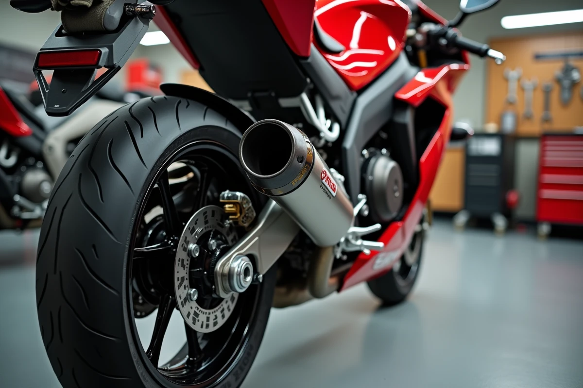 Détail mécanique de l'échappement et du bras oscillant de l'Aprilia RS 125 en atelier, préparation bridage ou débridage
