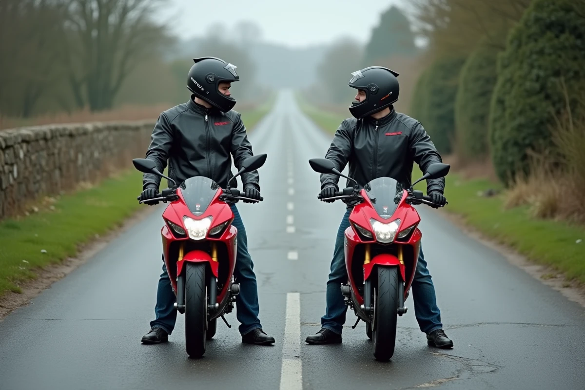 Deux pilotes discutant à côté de leurs Aprilia RS 125 sur route, comparaison des sensations entre version bridée et débridée