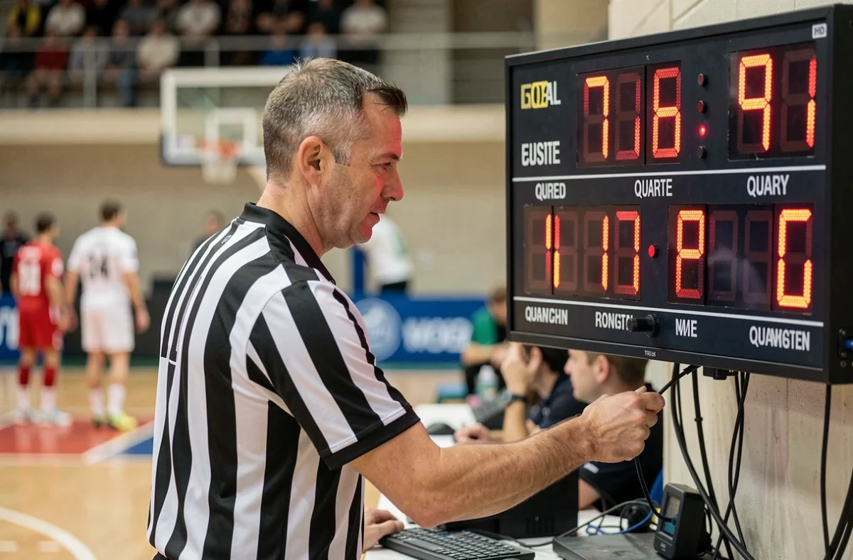 Arbitre de basket consultant l'horloge de jeu et le tableau de score pendant un match