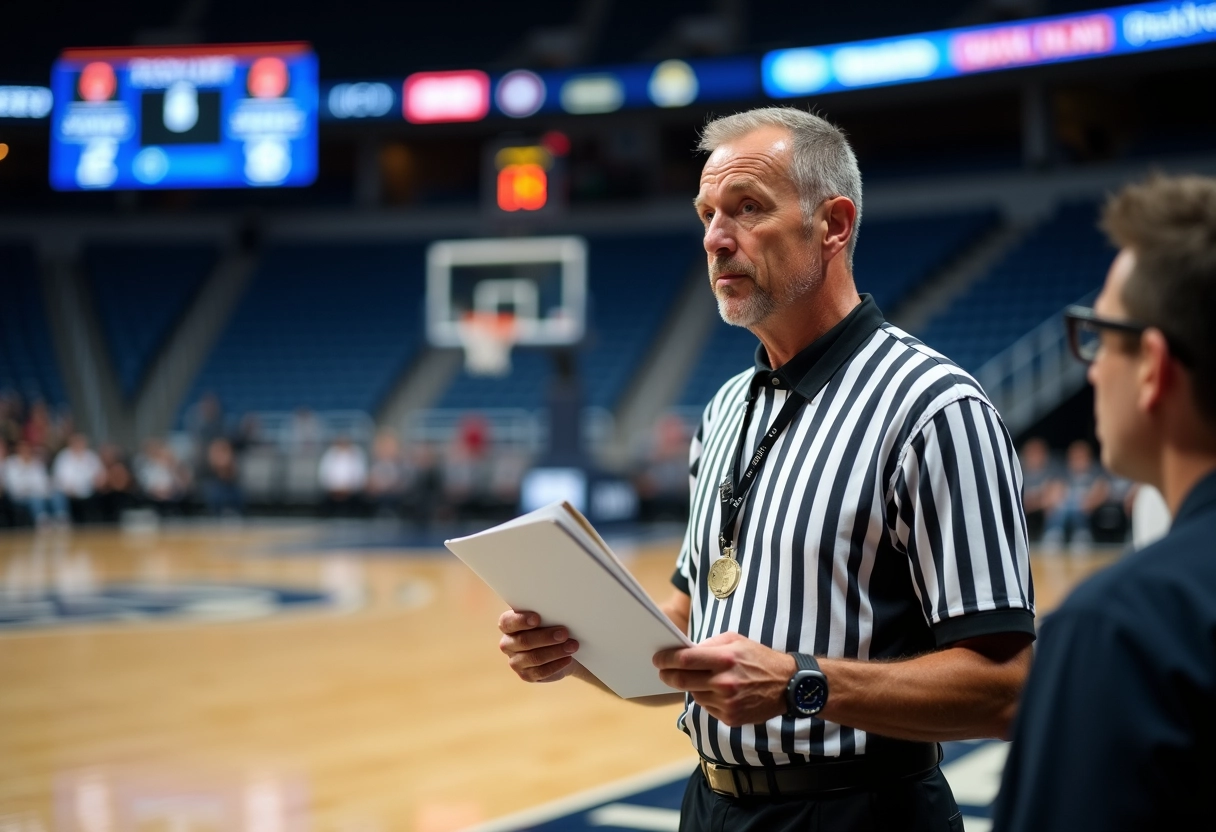 Arbitre de basketball avec sifflet et clipboard en action