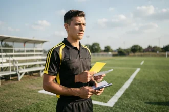 Jeune arbitre en formation tenant un carton jaune lors d'un entraînement sur un terrain de football amateur