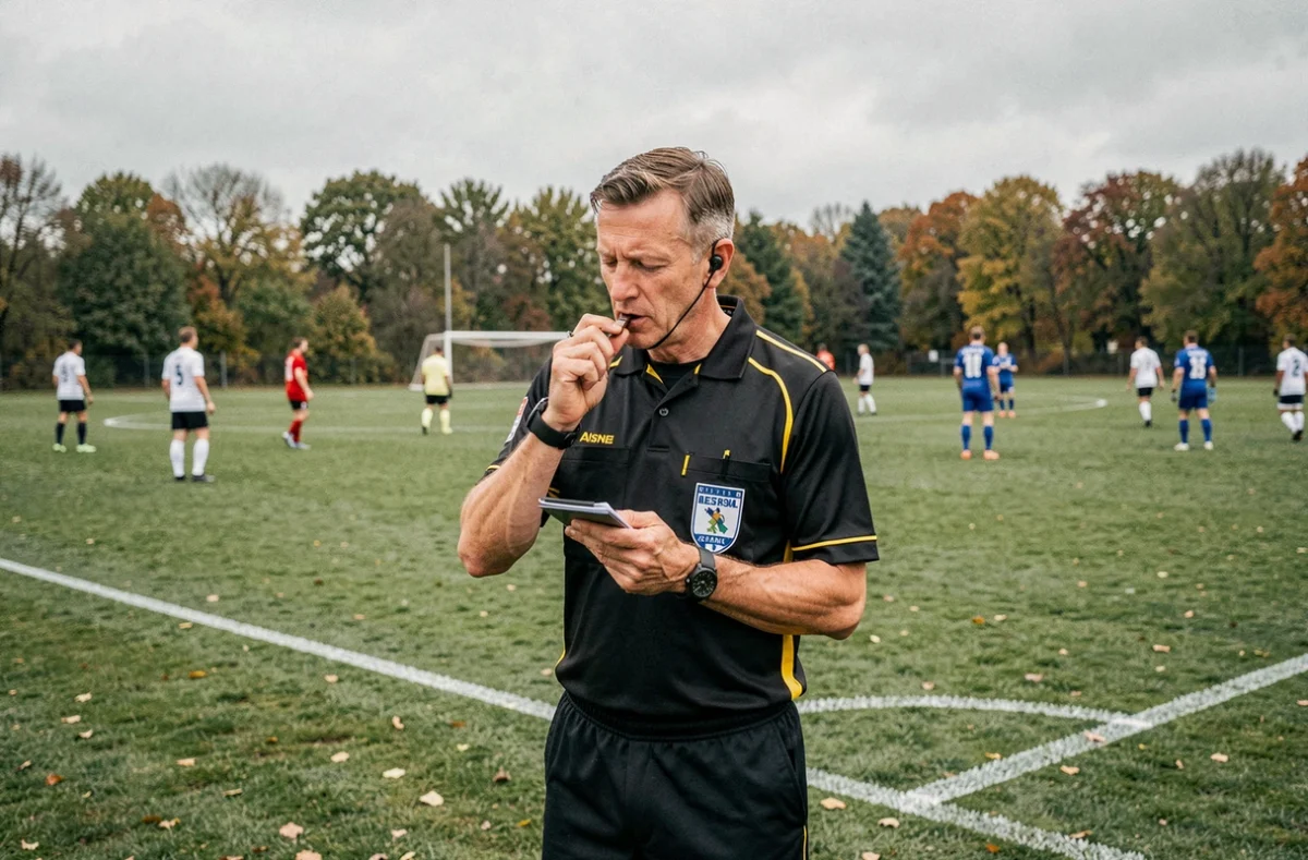 Arbitre officiel consultant ses notes lors d'un match du District Aisne Football pendant le week-end