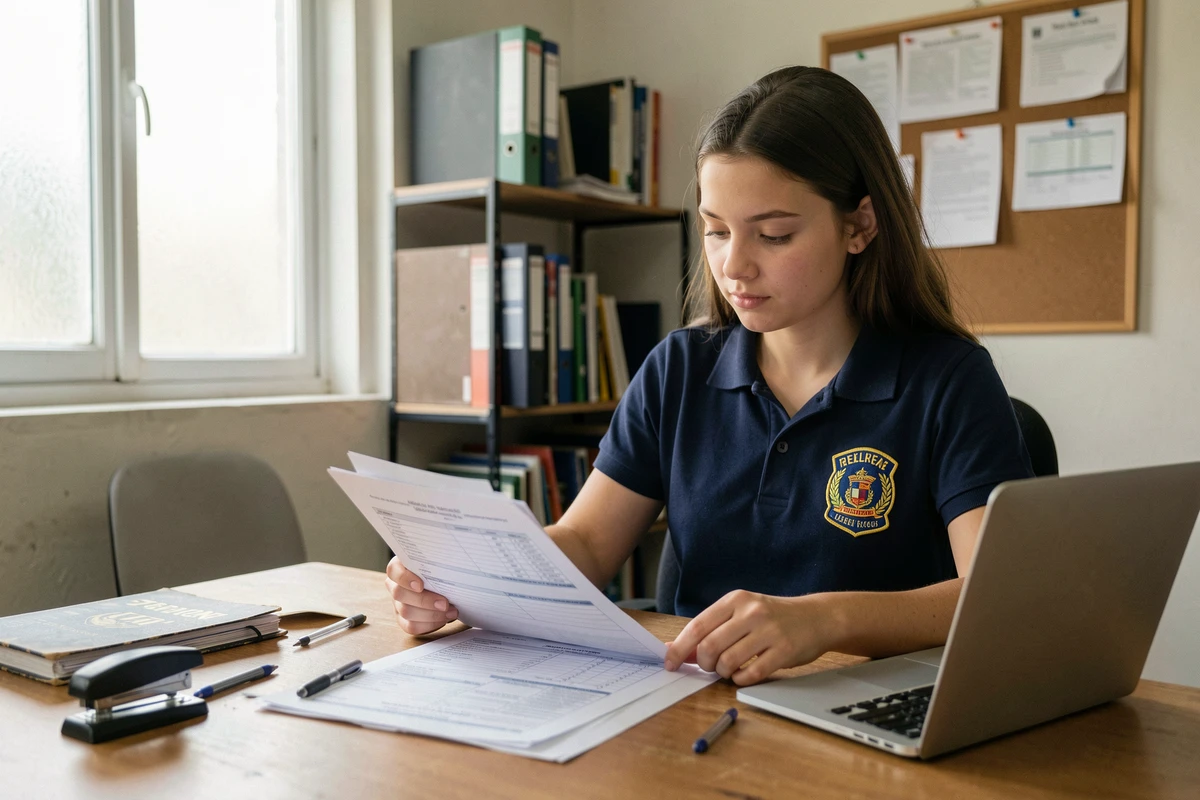 Arbitre stagiaire féminine consultant des documents d'indemnités dans un bureau administratif d'une fédération sportive
