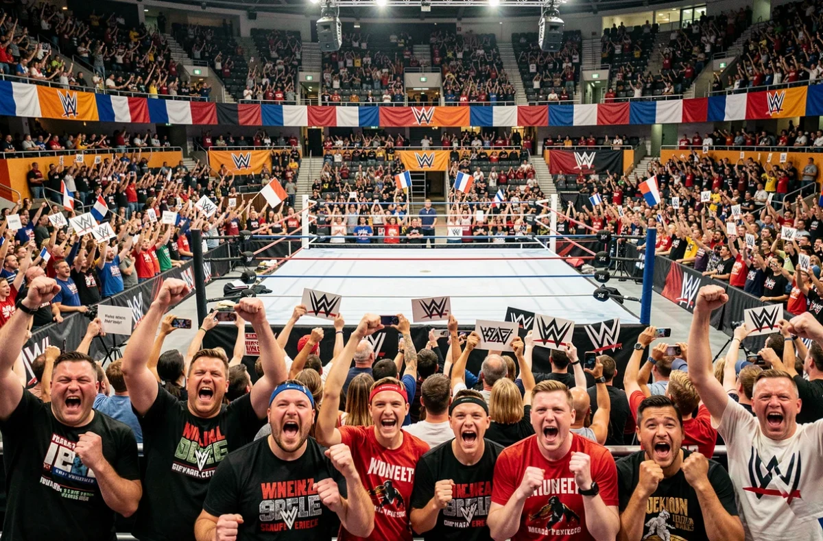 Vue panoramique d'une arène parisienne comble lors d'un événement WWE avec des fans enthousiastes