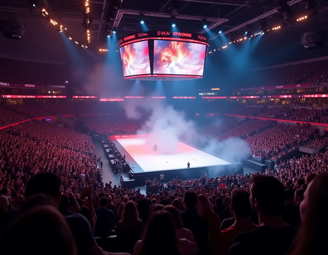 Vue panoramique d'une arène WWE comble lors du Saturday Night Main Event avec la rampe d'entrée illuminée