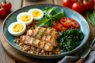 Assiette colorée de poulet grillé quinoa et légumes frais
