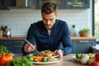 Jeune athlète en cuisine préparant un repas sain