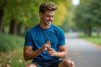 Jeune athlète en plein air mangeant une barre de céréales
