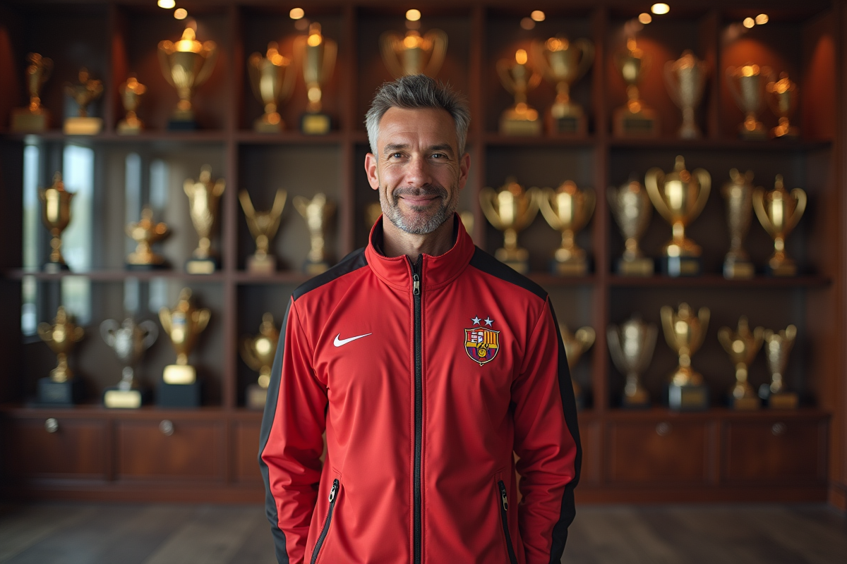 Athlète masculin devant ses médailles et trophées