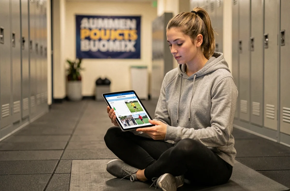 Jeune athlète consultant son programme d'entraînement personnalisé sur tablette grâce à une solution de coaching sportif à distance