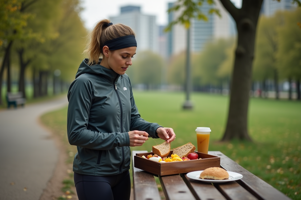 Athlète féminine préparant un déjeuner en plein air