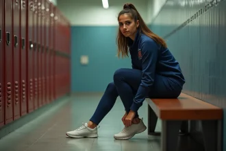 Jeune femme athlète en vestiaire avant course