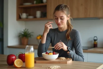 Jeune athlète femme préparant un bol de fruits dans une cuisine