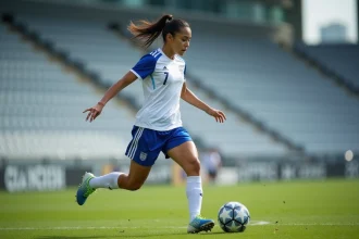 Jeune attaquante de football féminin en plein dribble sur un terrain de football professionnel, maillot blanc et bleu, vue en contre-plongée