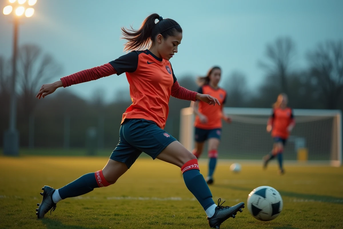 Attaquante de football féminin en pleine frappe de balle lors d'un entraînement, expression déterminée, filet de but en arrière-plan flou au crépuscule