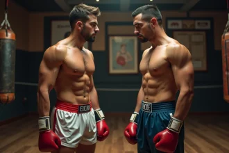 Deux boxeurs face à face dans un gymnase ancien