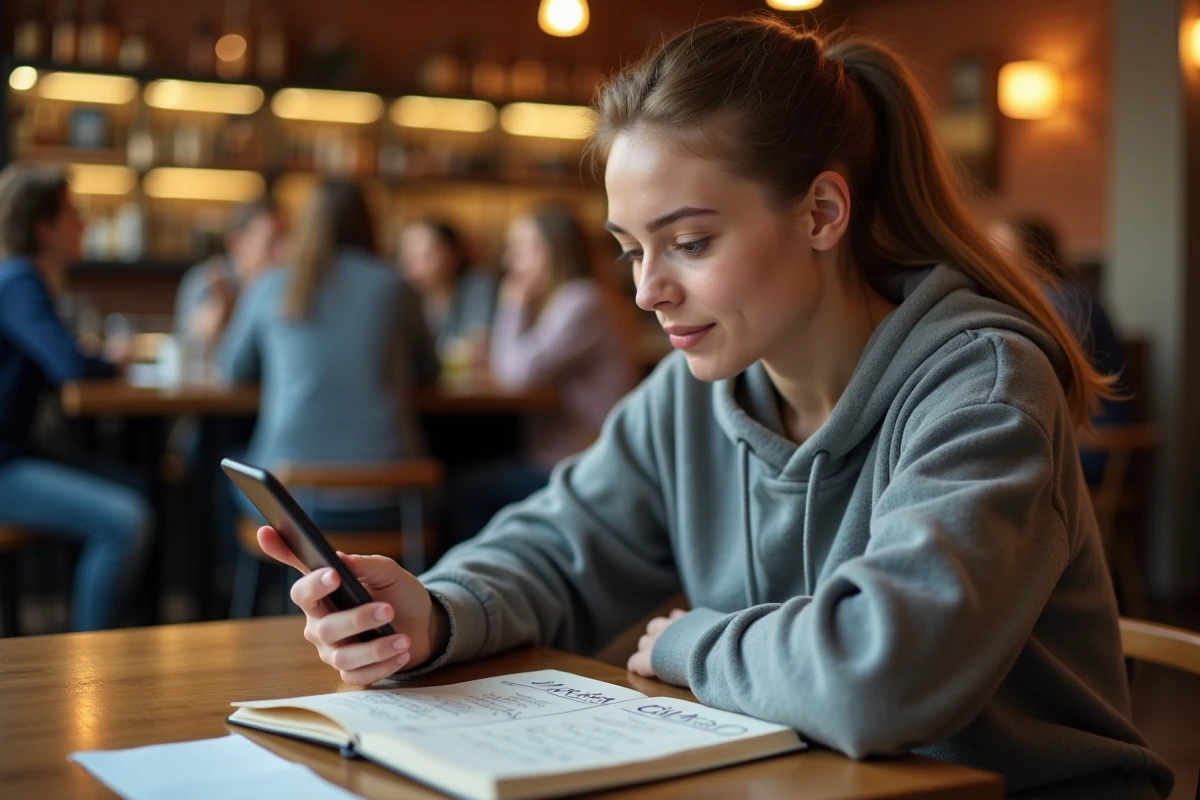 Jeune femme consultant une calculette de rotation de billard sur smartphone dans un café