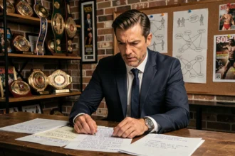Catcheur professionnel en costume analysant ses notes de personnage et ses plans de storyline dans un bureau créatif