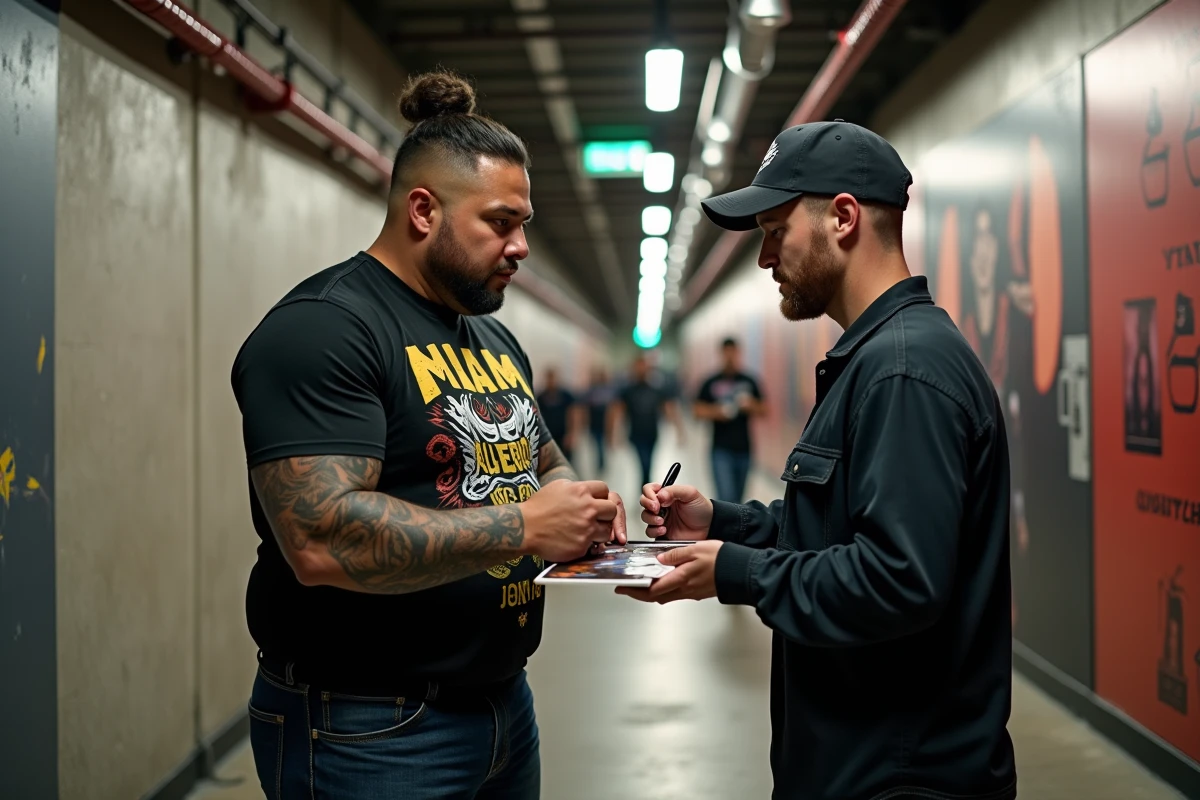 Catcheur iconique signant des autographes dans un couloir d'arène de catch, représentant l'impact culturel durable d'un superstar de catch sans avoir été champion principal