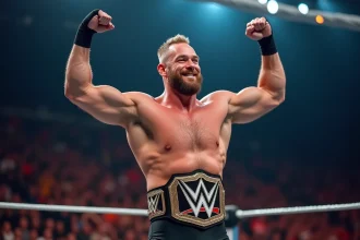 Catcheur professionnel WWE posant avec une ceinture de championnat dans le ring lors d'un Saturday Night Main Event