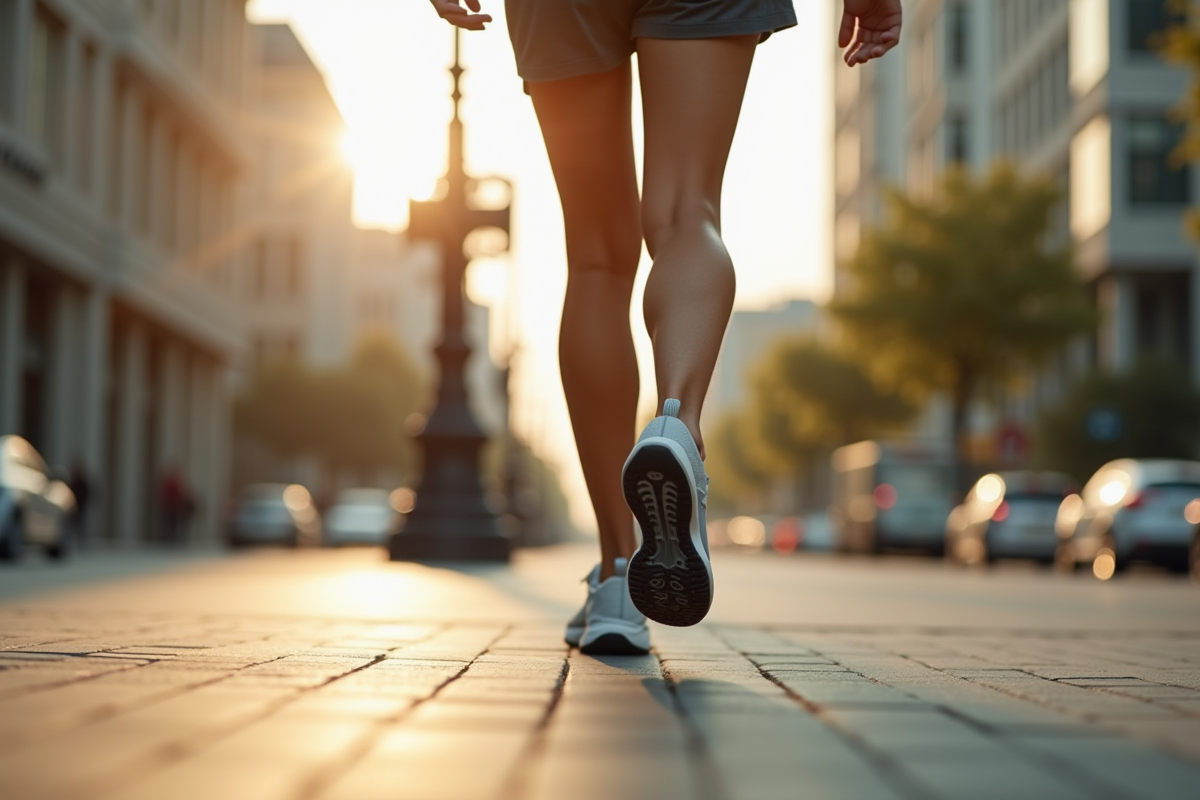 Détail de chaussures de sport sur un trottoir urbain au matin