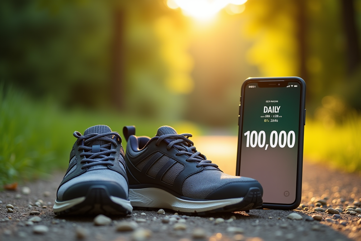 Chaussures usées sur sentier avec smartphone compteur de pas