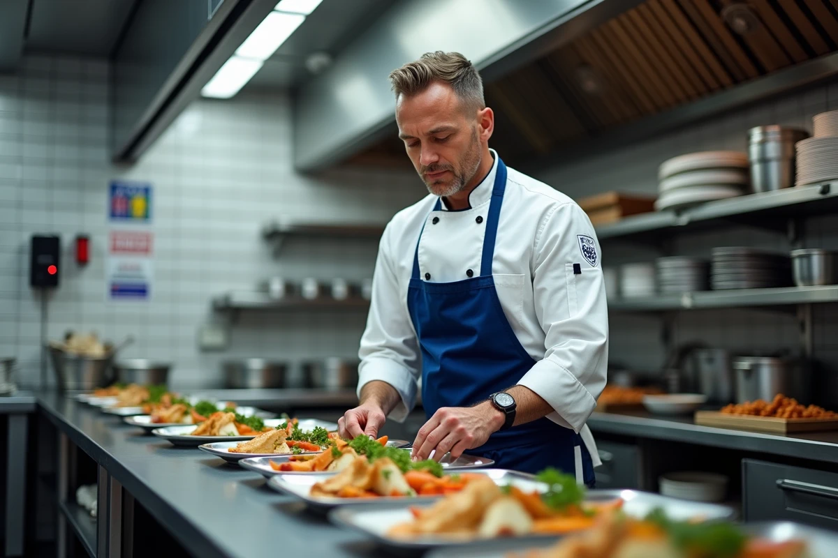 Chef de cuisine en cuisine de stade en train de garnir un plat