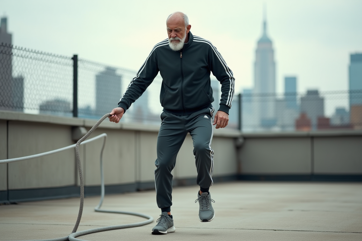 Entraîneur de boxe plus âgé sautant à la corde en extérieur urbain