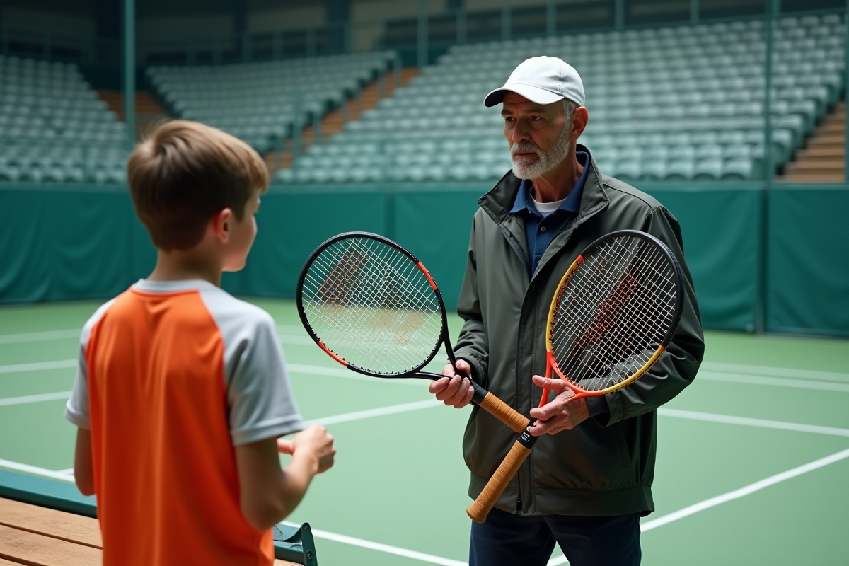 Entraîneur donnant des conseils à un jeune joueur de tennis en intérieur