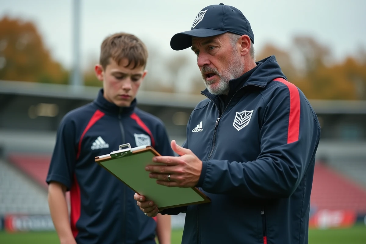 Entraineur de rugby discutant avec un jeune joueur sur le bord du terrain