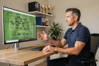 Coach sportif en visioconférence pour un suivi à distance avec son club via une plateforme de coaching en ligne