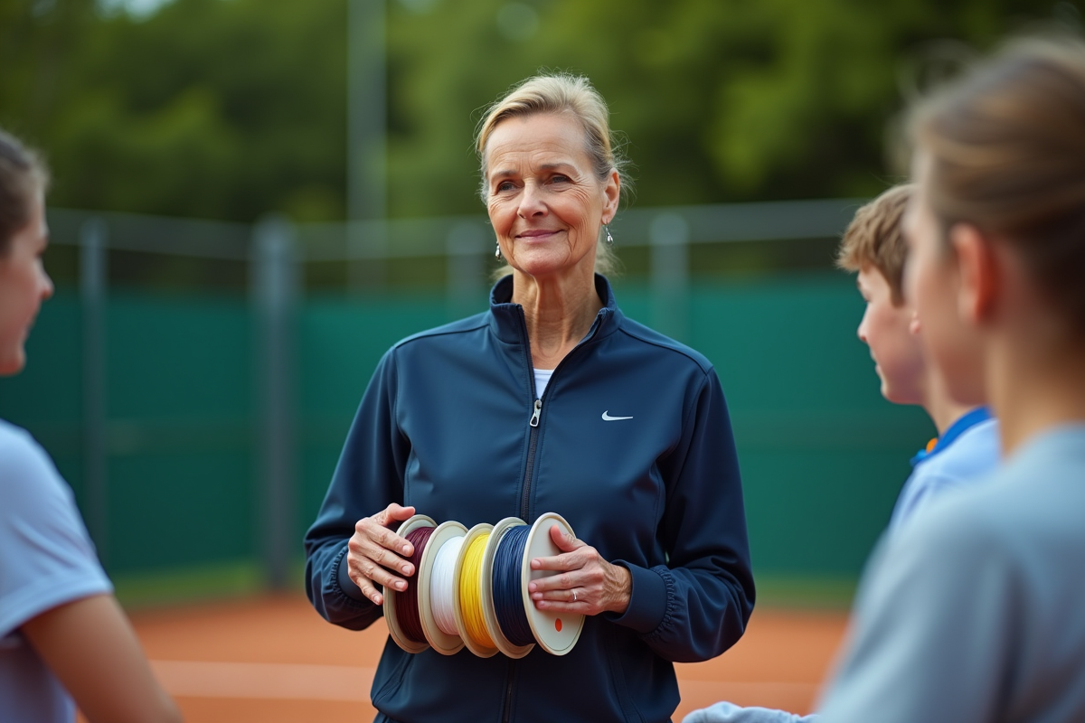 Entraîneuse de tennis montrant des cordages à des jeunes