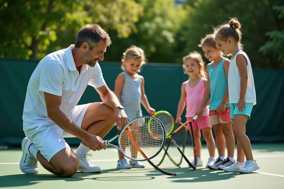 Entraîneur de tennis montrant des raquettes à des débutants souriants en extérieur