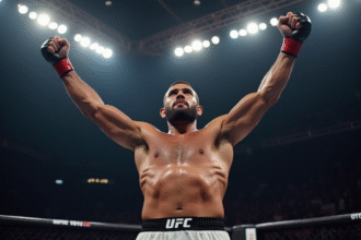 Lutteuse MMA victorieuse dans l'octogone avec bras levés