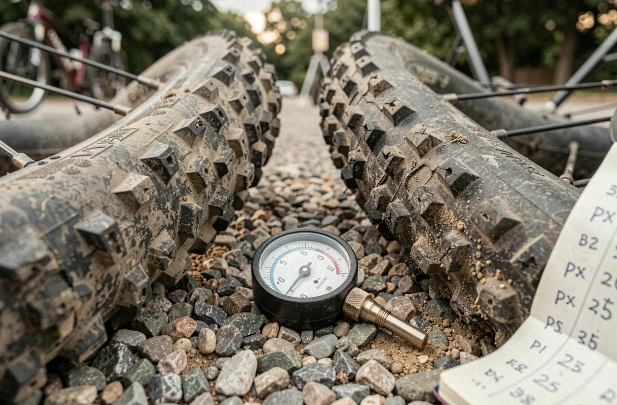 Comparaison de pression entre pneu avant et pneu arrière de VTT avec une jauge analogique sur gravier