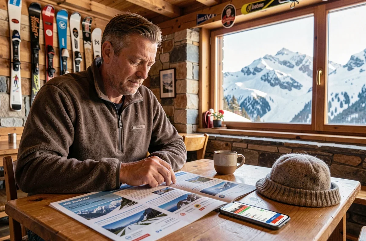 Skieur consultant les brochures tarifaires de plusieurs stations alpines dont Les Sept Laux dans un refuge de montagne