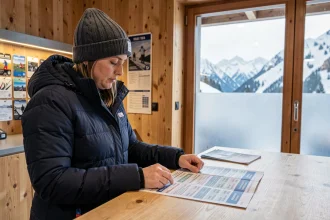 Skieuse comparant les tarifs des forfaits de ski au guichet de la station des Sept Laux
