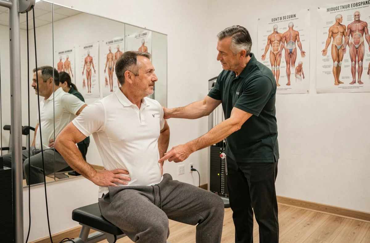 Un homme mature consulte un kinésithérapeute dans un studio de rééducation pour adapter l'exercice de tirage poulie à ses lombaires fragiles