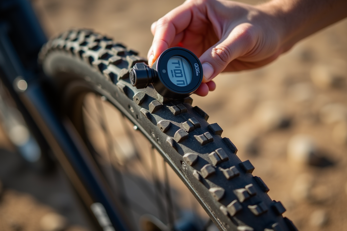 Vérification de la pression du pneu de VTT avec jauge digitale
