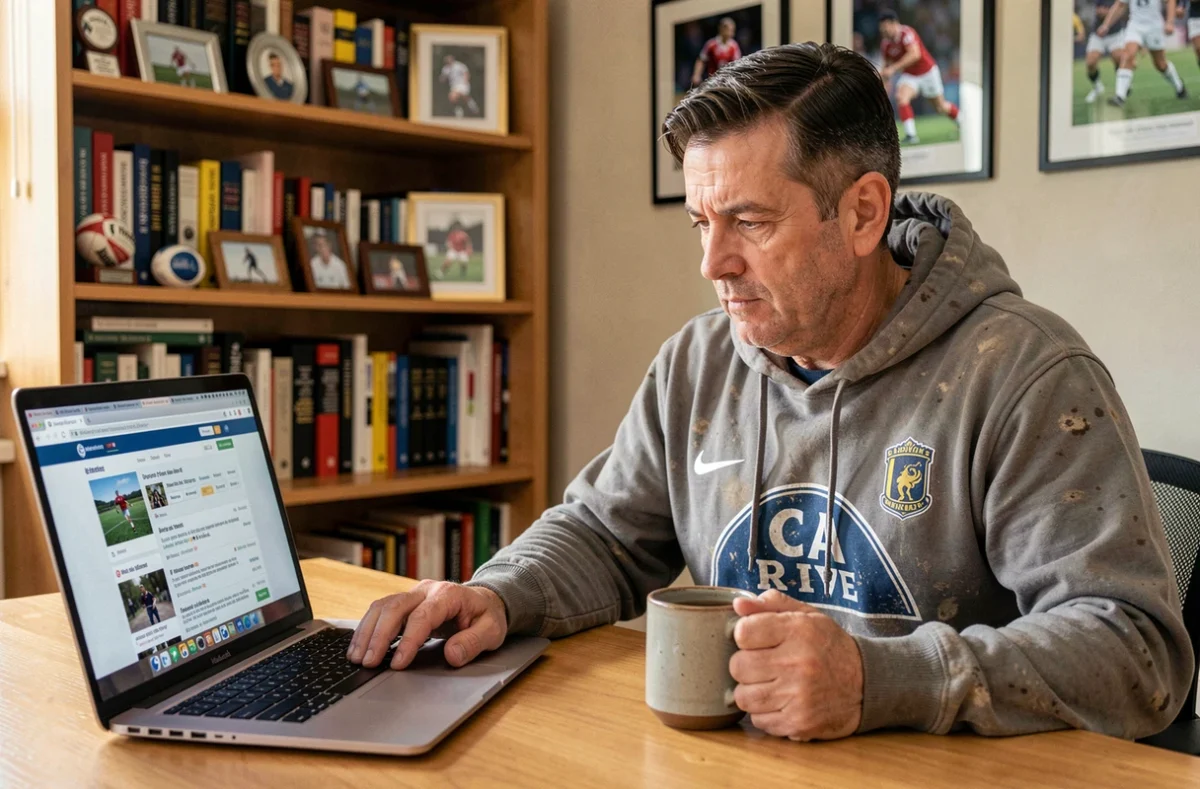 Supporter coujoux de Brive consultant un forum de rugby libre sur son ordinateur portable à domicile en 2026