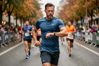 Coureur de marathon masculin consultant sa montre GPS en pleine course sur un boulevard urbain automnal