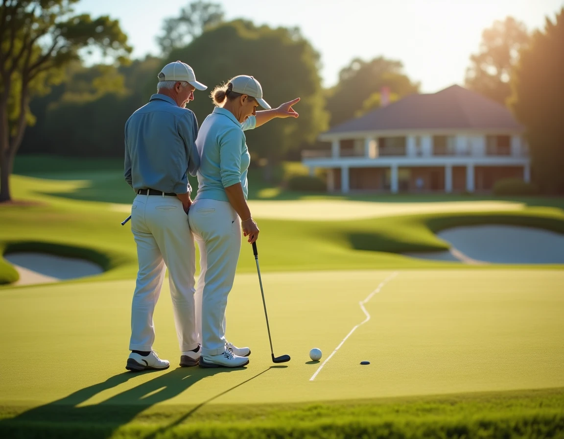 Instructeur de golf et élève sur un putting green, apprentissage de l'alignement et de la posture avec une corde de guidage