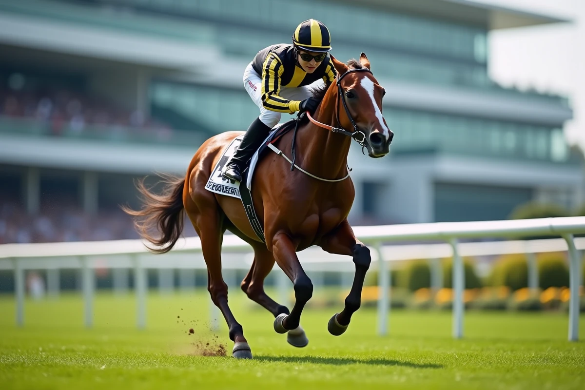 Jockey sur un pur-sang en pleine course sur le turf