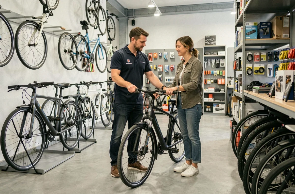Intérieur du magasin Cycles Guédard à Rennes avec un vendeur conseillant une cliente sur un vélo urbain
